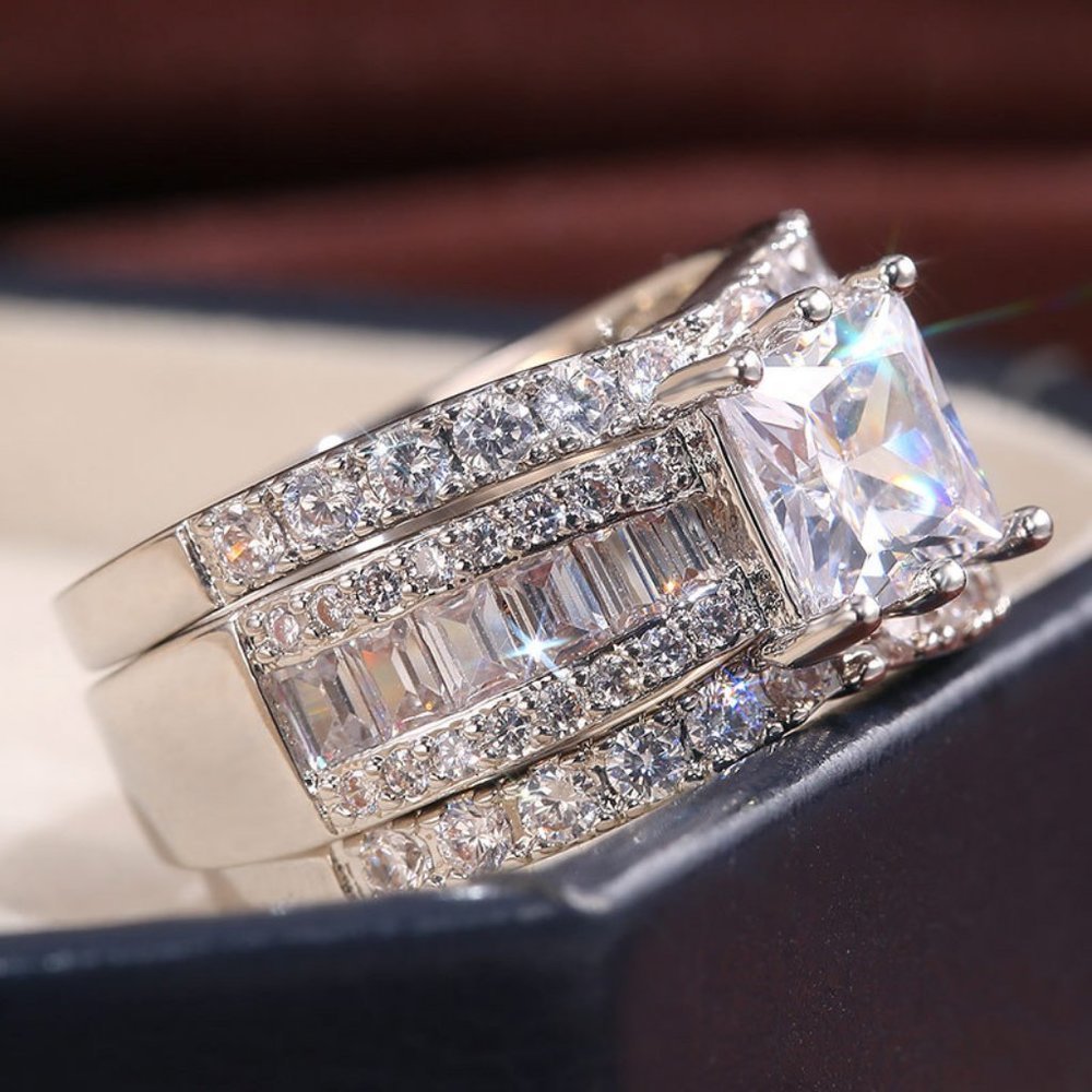 NEW 3 PC/Set Princess Cut Silver Diamond Ring - Picture 3 of 4